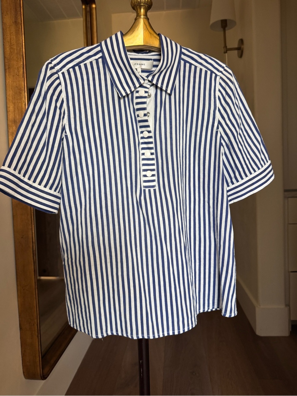 Frame Denim Blue & White Striped Short Sleeve Polo